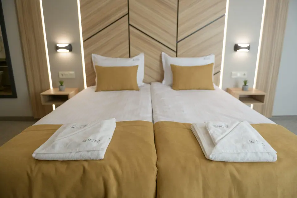 Room with a large bed and wooden feature wall – Forum City Hotel, Pazardzhik